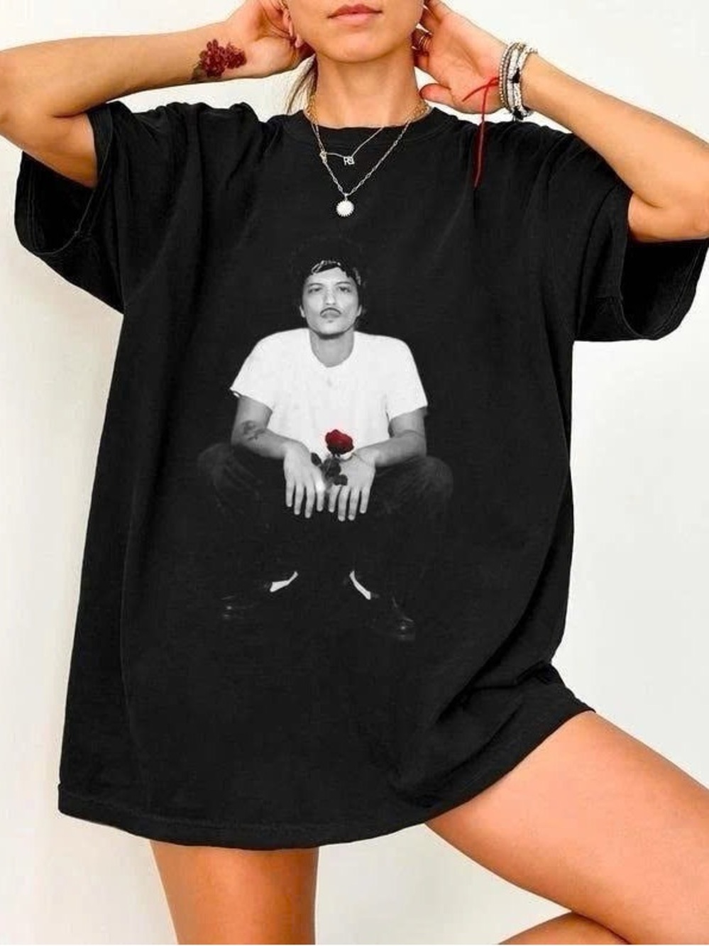 Black Short-Sleeve Graphic Tee with Red Rose Accent